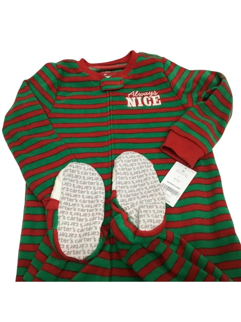 Carters 3T Always Nice Red Green Striped Christmas Fleece Santa Footed Pajama